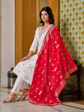 Women's White Jacquard Viscose Embroidered Straight Kurta with Gadhwal Pant and Jacquard Silk Dupatta Sets