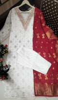 Women's White Jacquard Viscose Embroidered Straight Kurta with Gadhwal Pant and Jacquard Silk Dupatta Sets