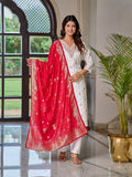 Women's White Jacquard Viscose Embroidered Straight Kurta with Gadhwal Pant and Jacquard Silk Dupatta Sets