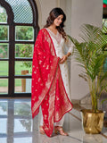 Women's White Jacquard Viscose Embroidered Straight Kurta with Gadhwal Pant and Jacquard Silk Dupatta Sets