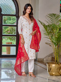 Women's White Jacquard Viscose Embroidered Straight Kurta with Gadhwal Pant and Jacquard Silk Dupatta Sets