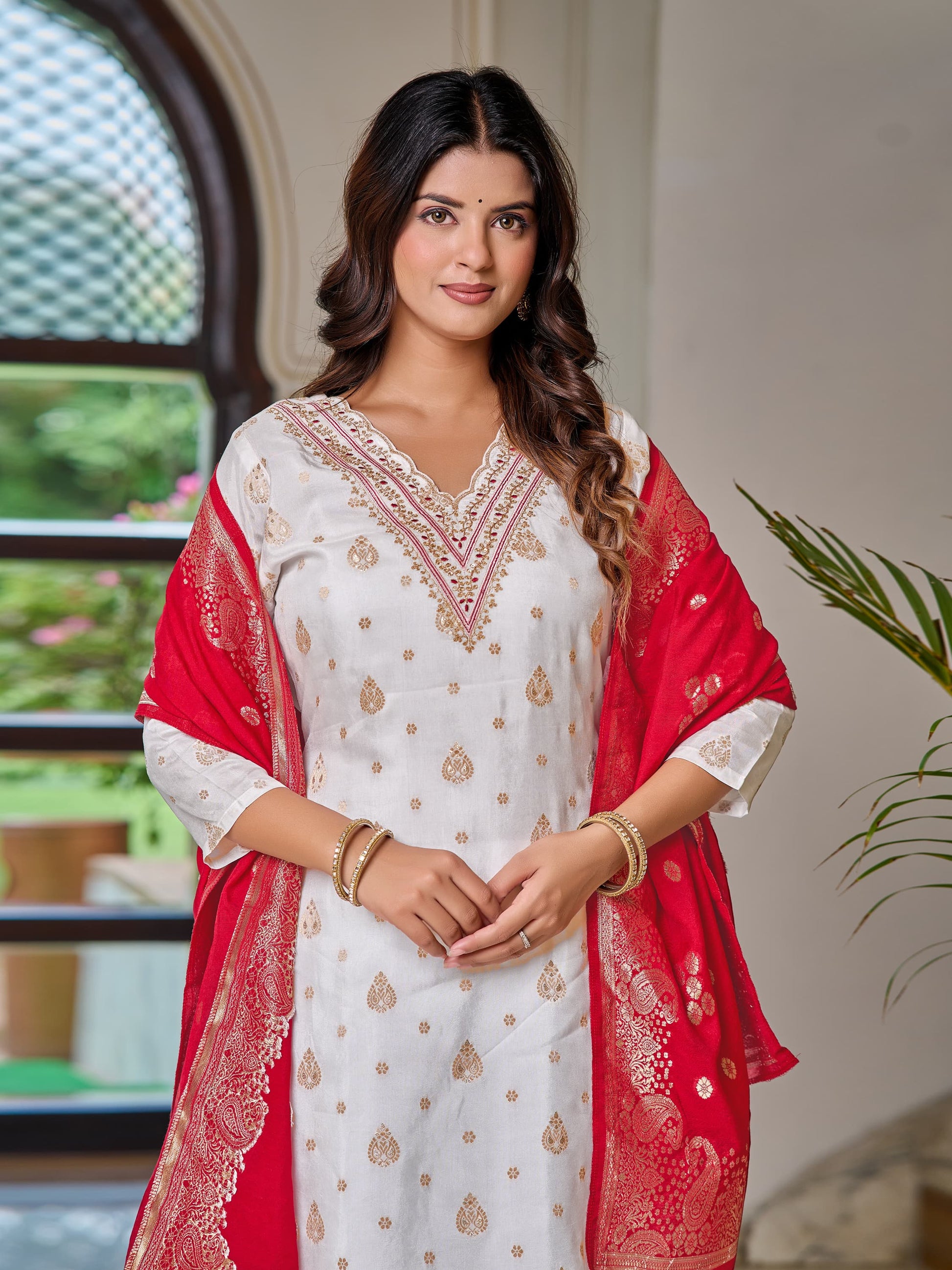 Women's White Jacquard Viscose Embroidered Straight Kurta with Gadhwal Pant and Jacquard Silk Dupatta Sets