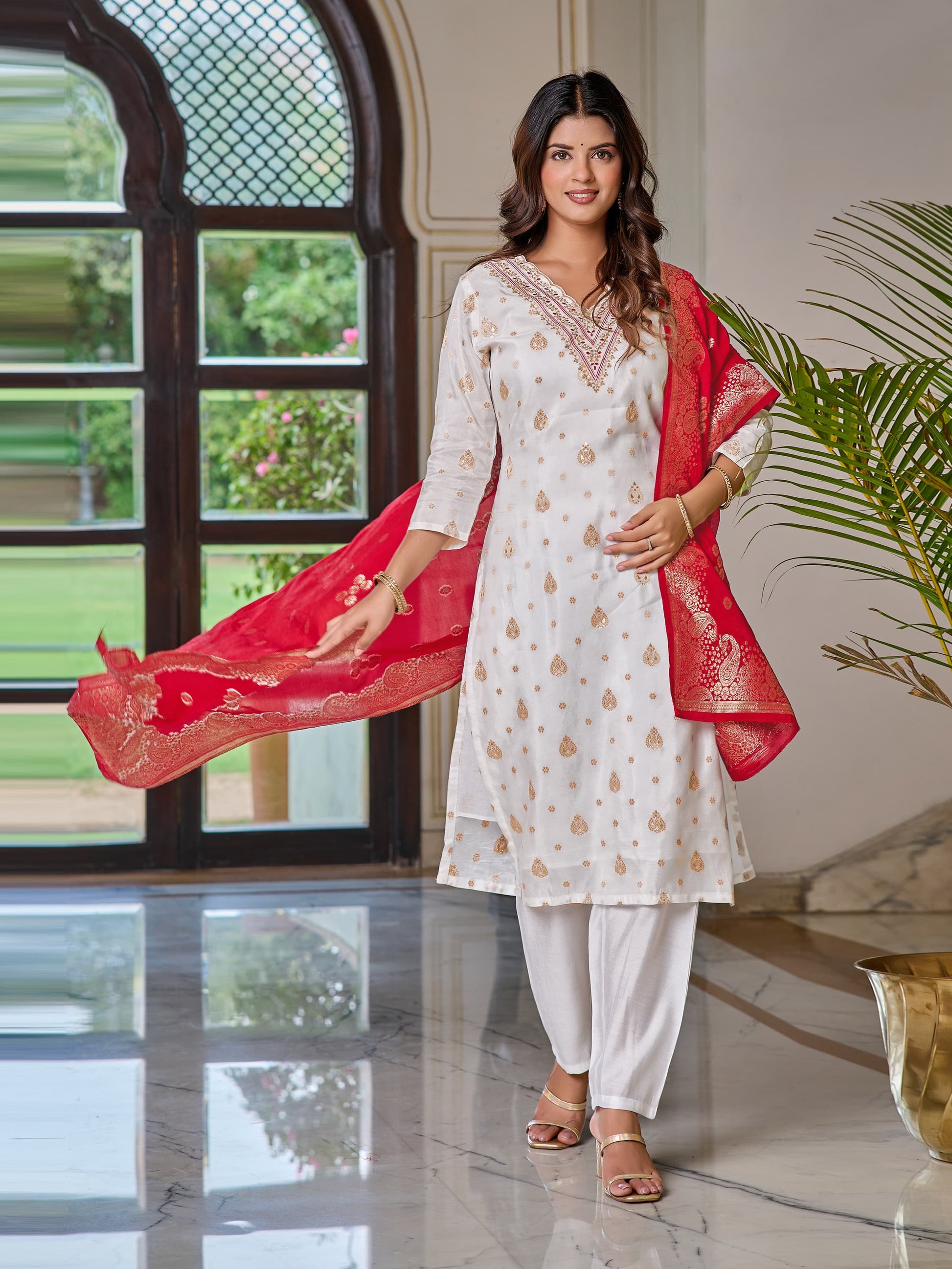 Women's White Jacquard Viscose Embroidered Straight Kurta with Gadhwal Pant and Jacquard Silk Dupatta Sets