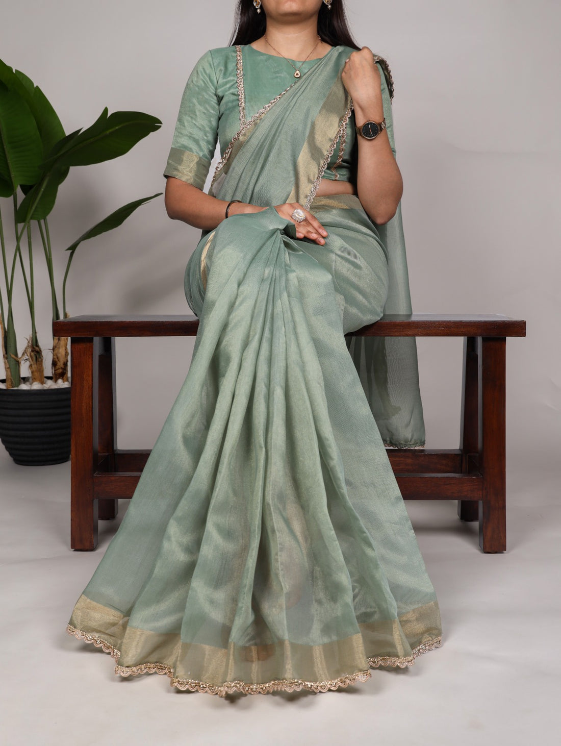 See Green Color Plain With Zari Weaving Border Mannat Silk Saree