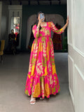 Pink Floral Printed Silk Event Wear Gown