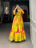 Yellow Floral Printed Silk Festival Wear Gown