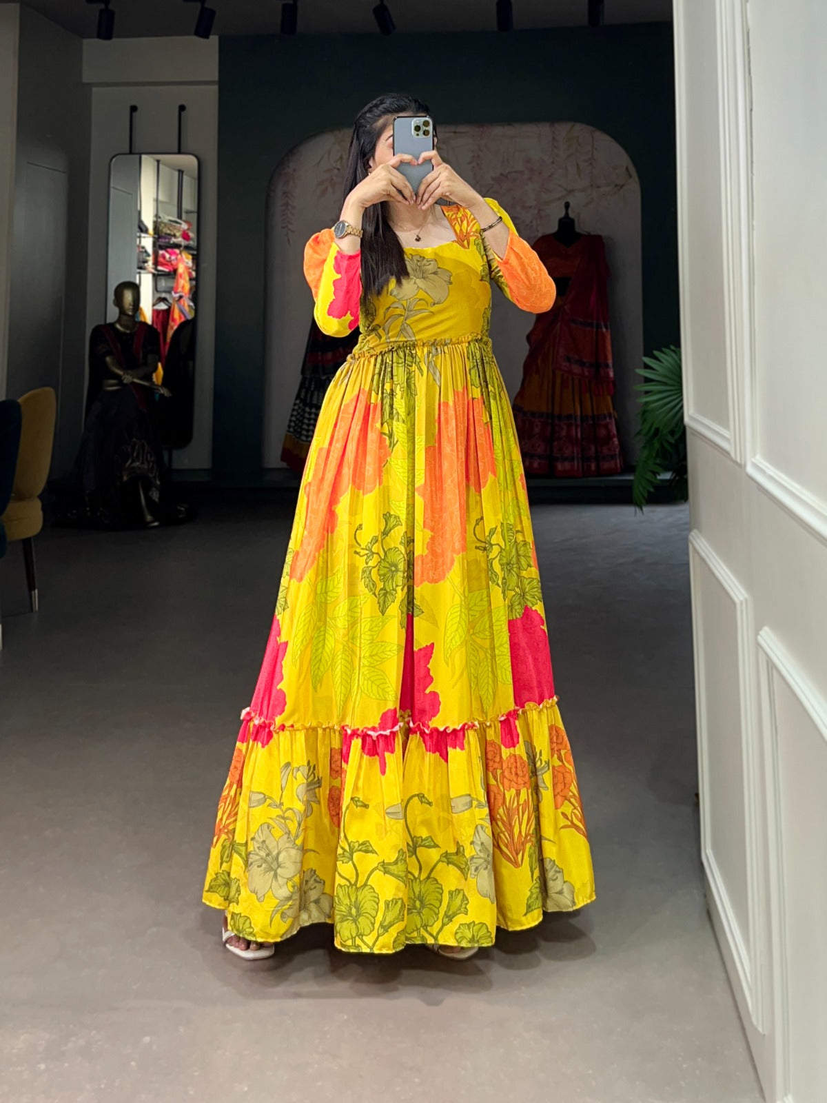 Yellow Floral Printed Silk Festival Wear Gown