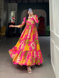 Pink Floral Printed Silk Event Wear Gown