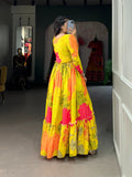 Yellow Floral Printed Silk Festival Wear Gown