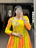 Yellow Floral Printed Silk Festival Wear Gown