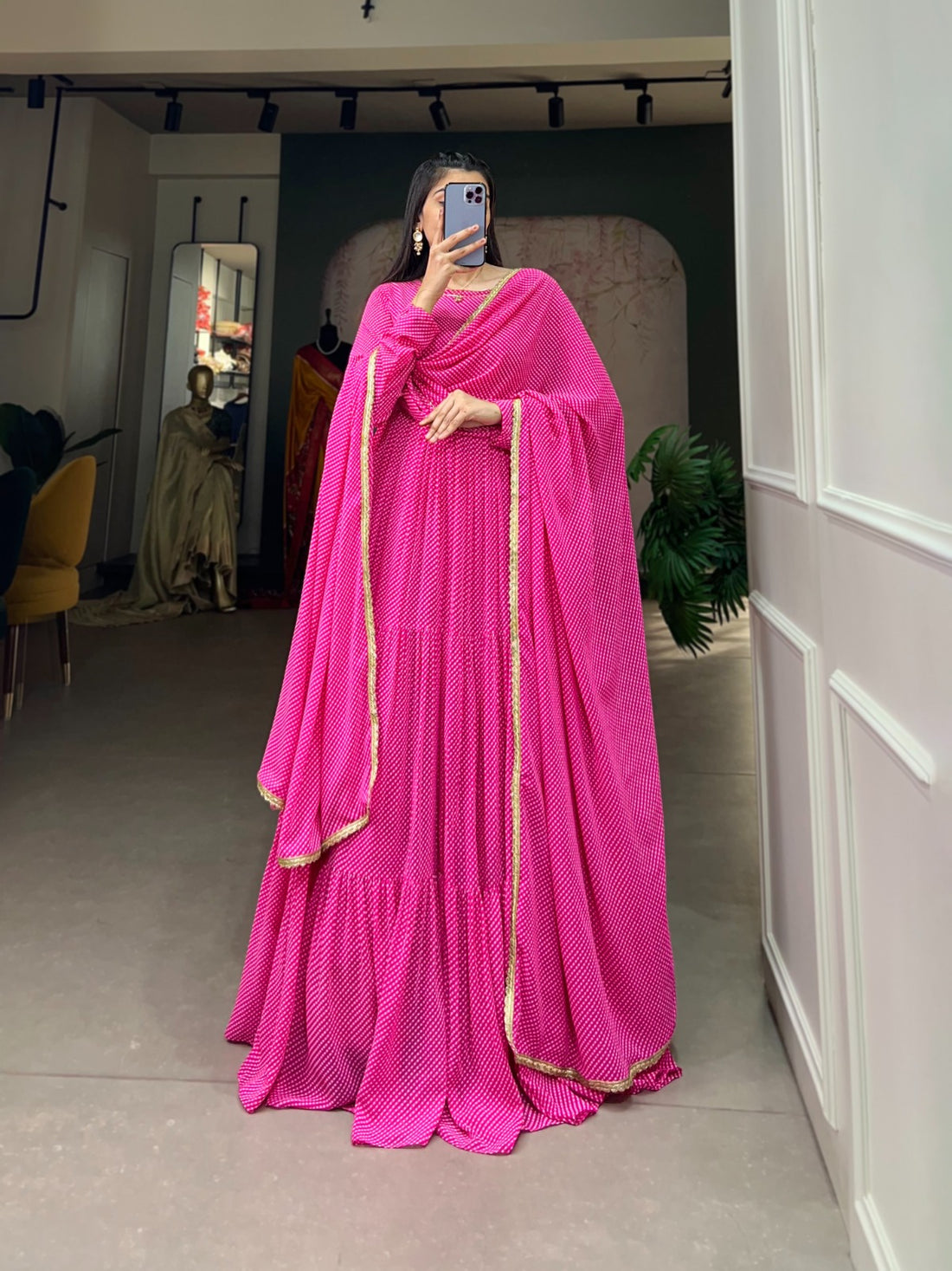 Pink Printed Georgette Gown With Dupatta