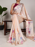 Cream Floral Print Satin Silk Saree 