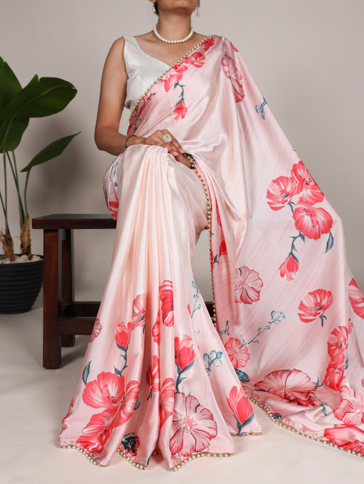 Pink Floral Print Satin Silk Saree