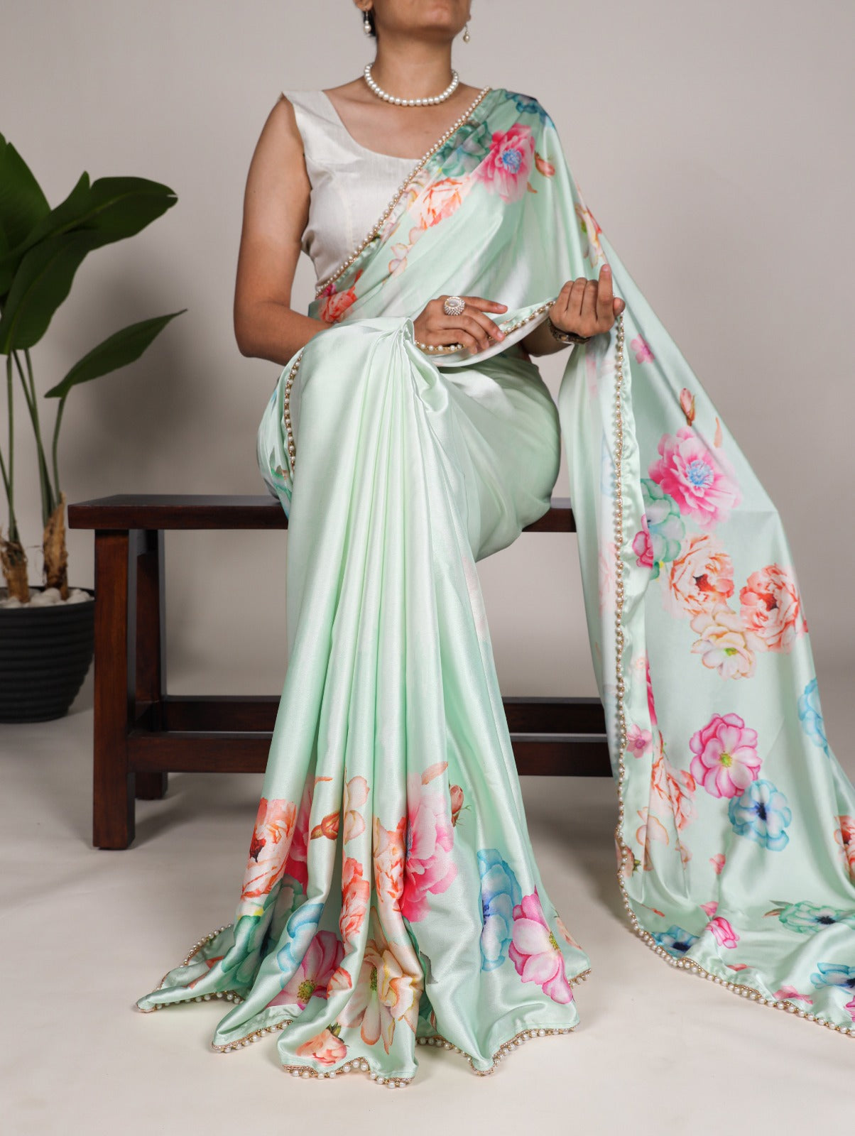 Green Floral Print Satin Silk Saree