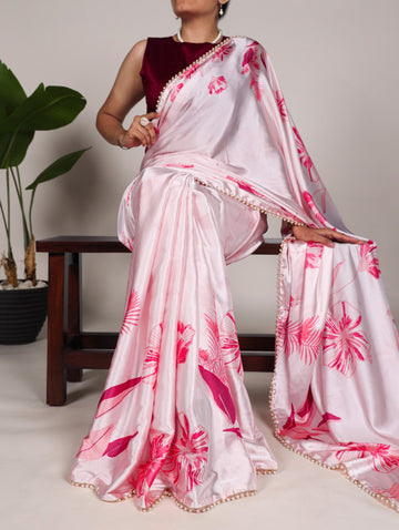 Red Floral Print Satin Silk Saree