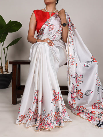 White Floral Print Satin Silk Saree