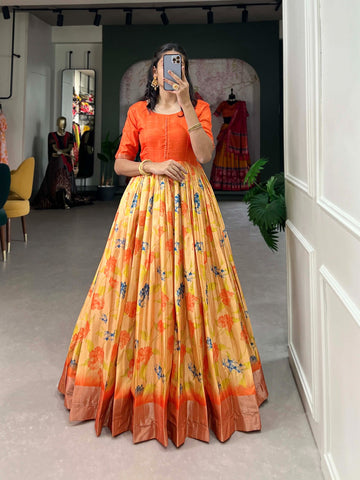 Orenge Printed Dola Silk Gown With Dupatta