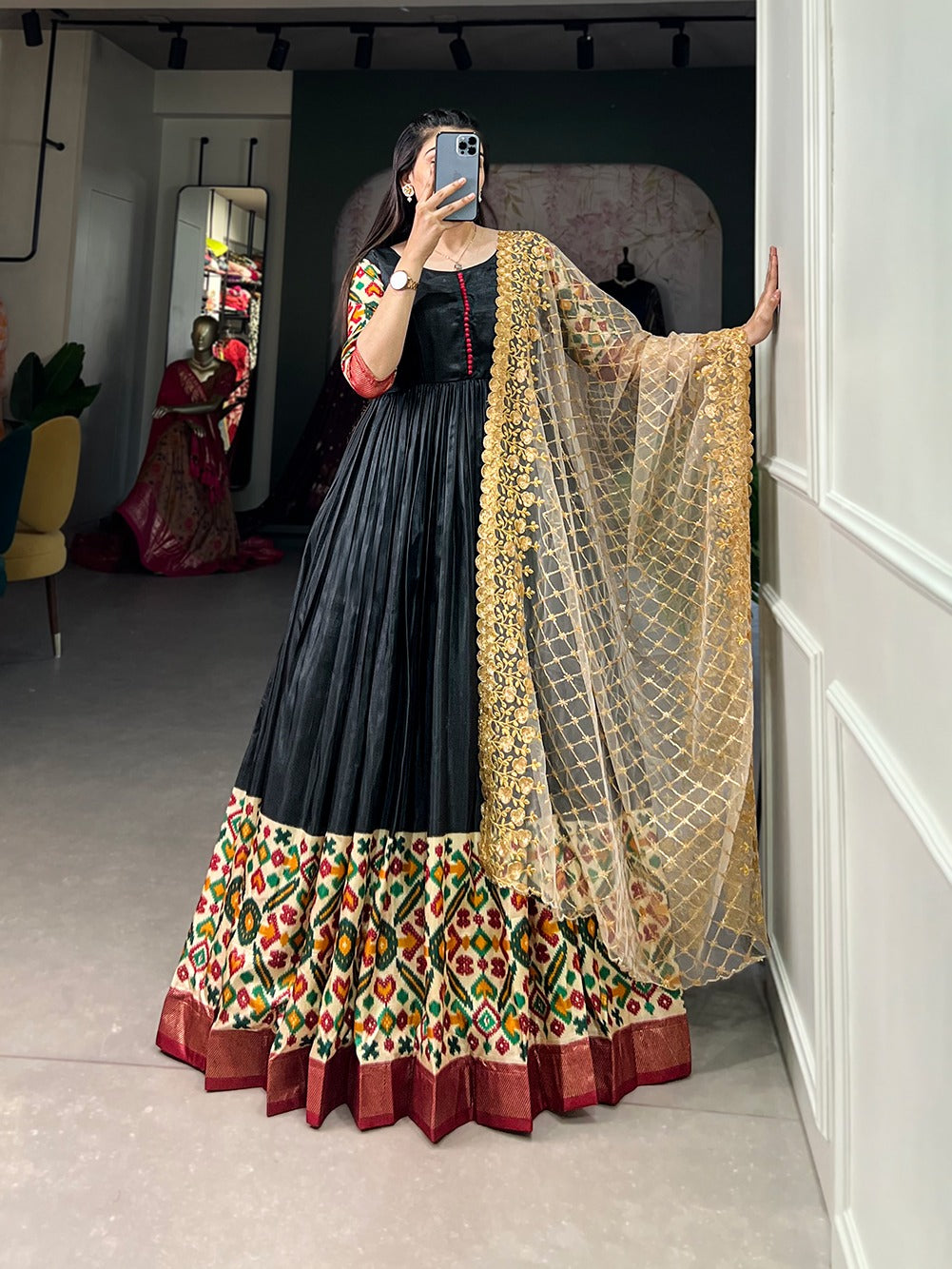 Black Printed Dola Silk Gown With Dupatta