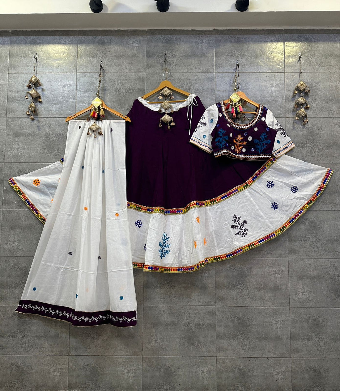 Navaratri Cotton Hand Mirror Work Lehenga Choli