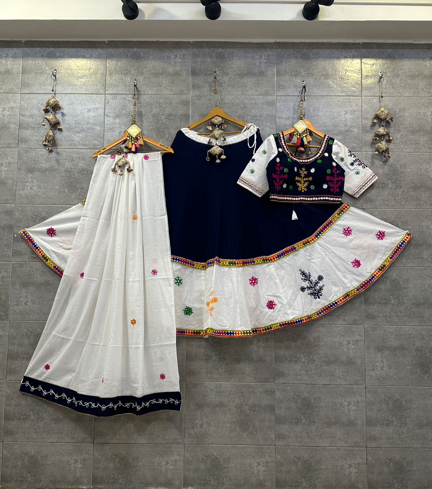 Navaratri Cotton Hand Mirror Work Lehenga Choli