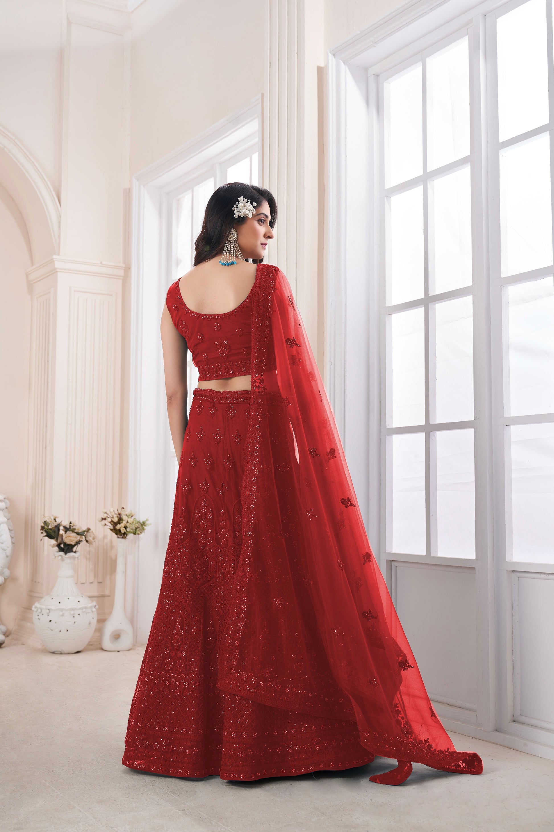 Red Soft Net Bridal Lehenga with Sequins Work