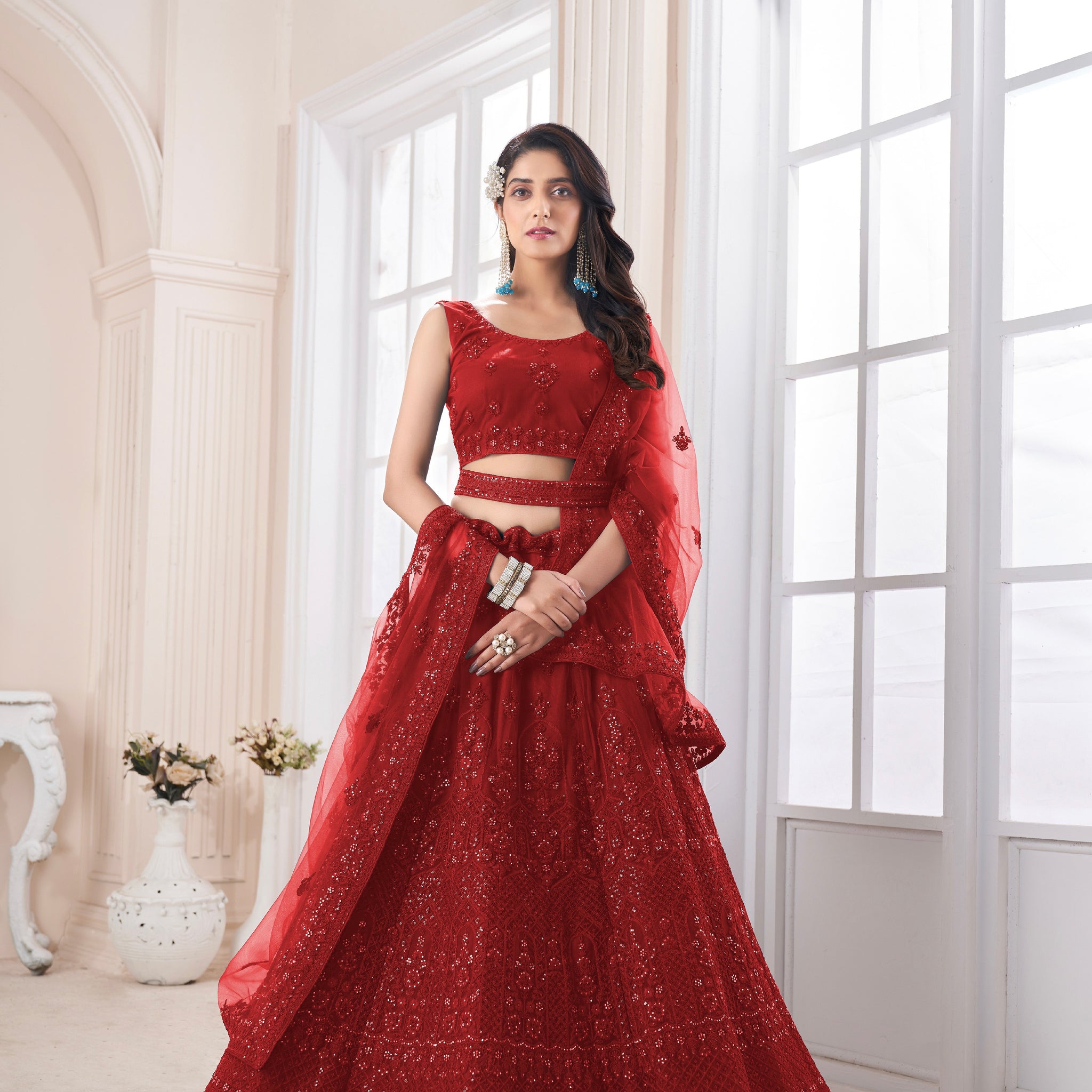 Red Soft Net Bridal Lehenga with Sequins Work