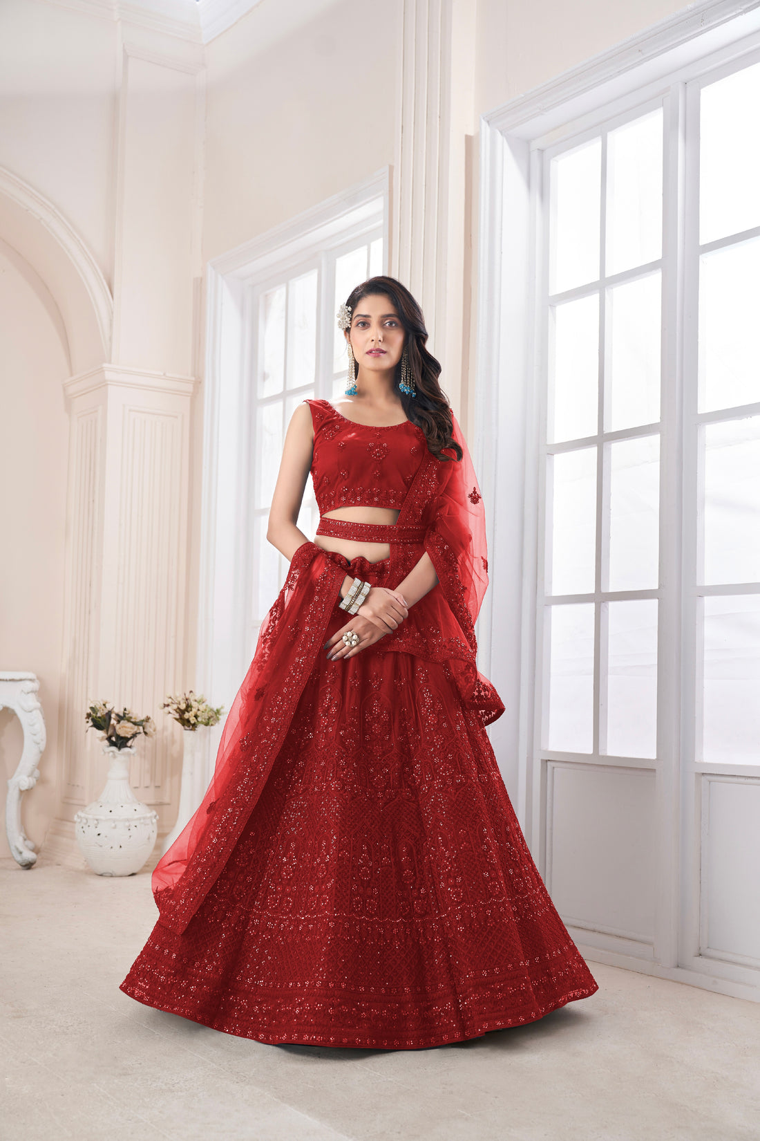 Red Soft Net Bridal Lehenga with Sequins Work