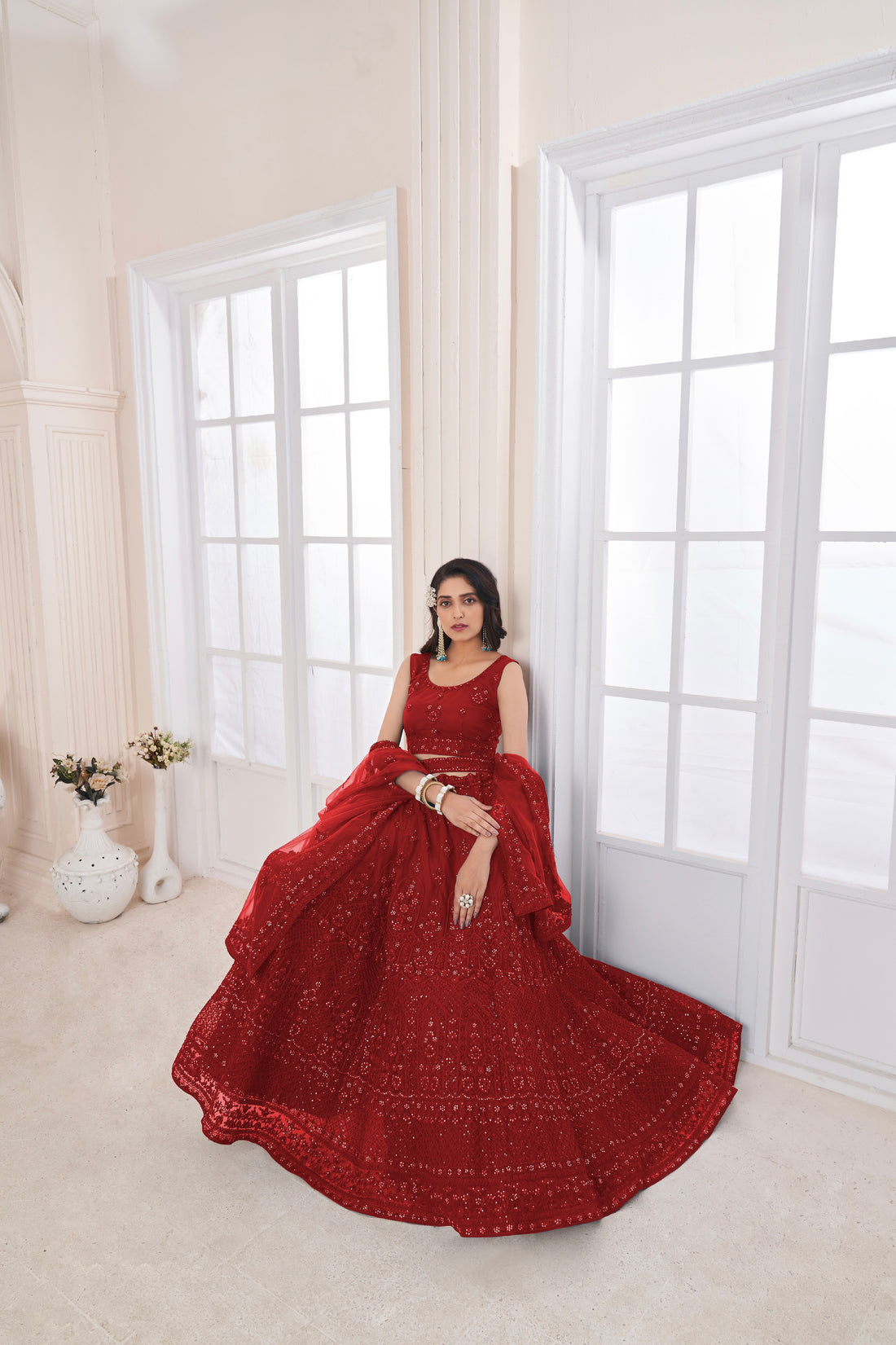 Red Soft Net Bridal Lehenga with Sequins Work