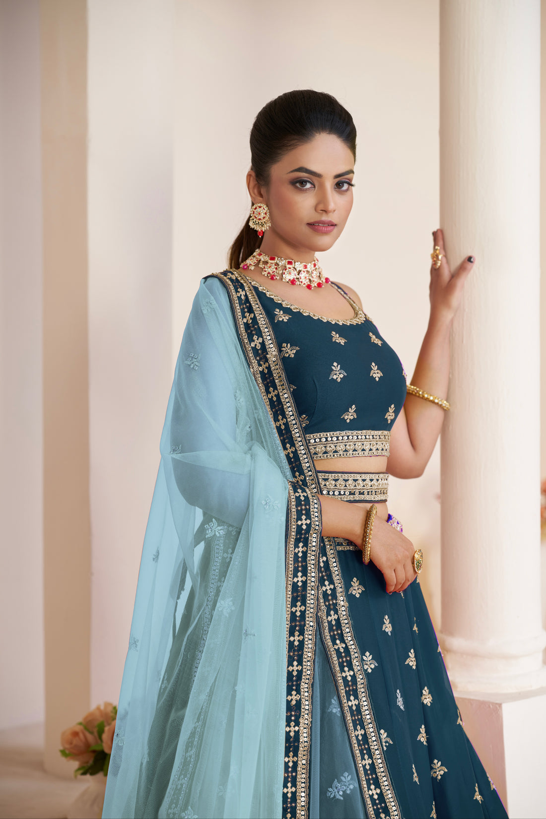 Blue Soft Net Lehenga with Golden Zari Embroidery