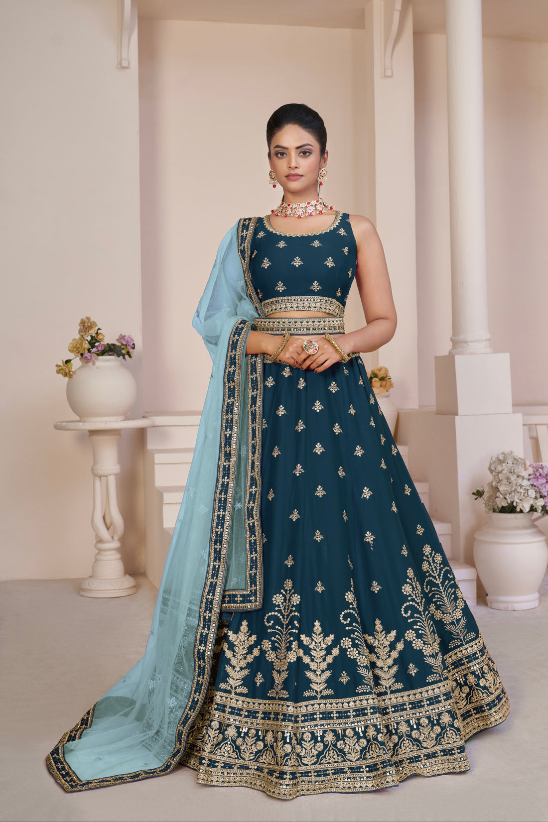 Blue Soft Net Lehenga with Golden Zari Embroidery