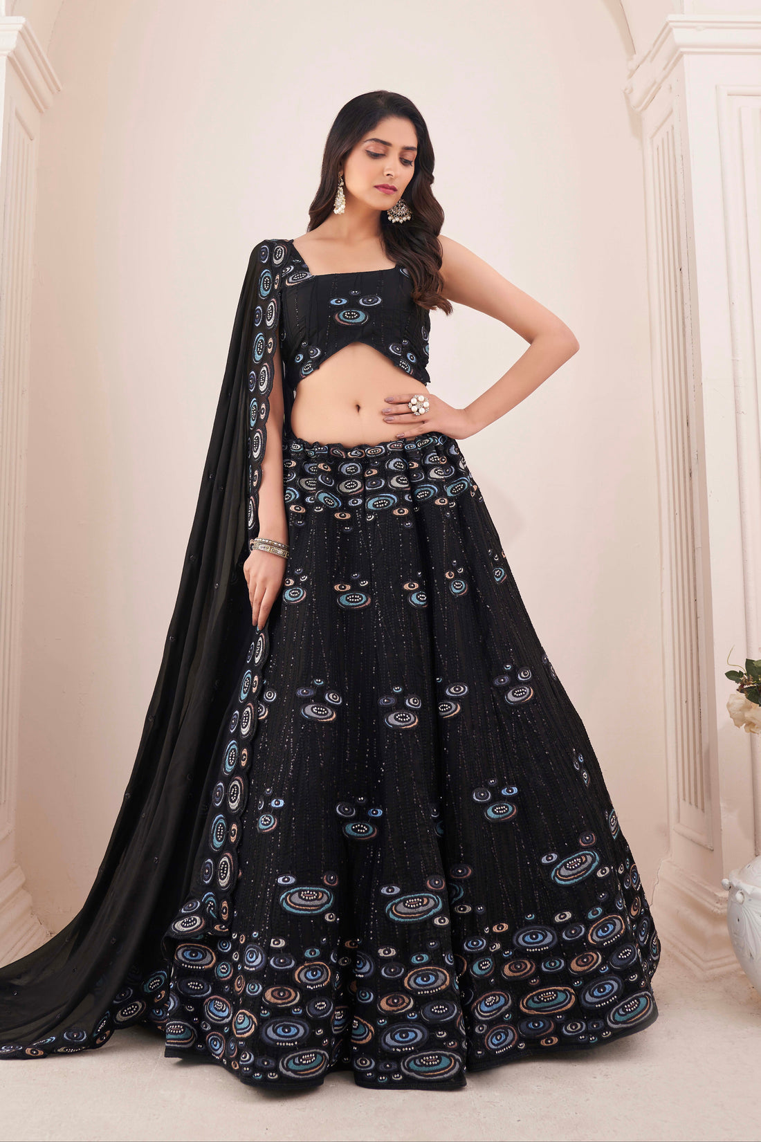 Black Georgette Embroidered Lehenga with Thread, Sequins & Zarkan Work