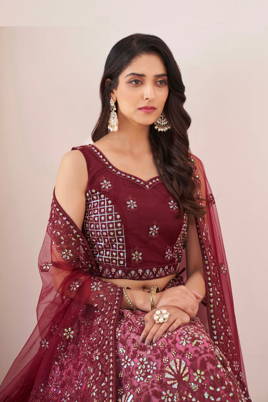 Burgundy Soft Net Lehenga Choli with Thread, Sequins, and Zarkan Work