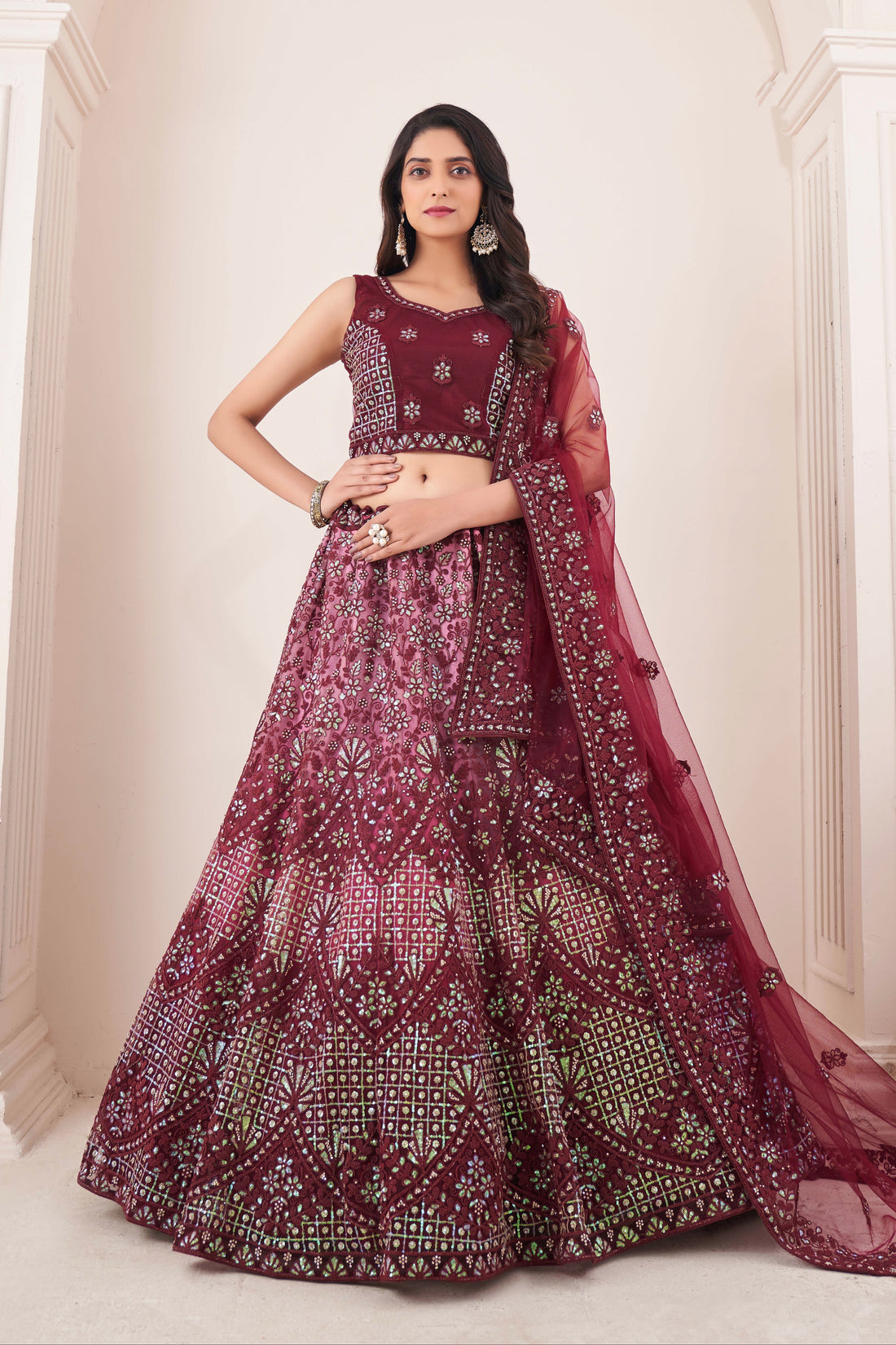 Burgundy Soft Net Lehenga Choli with Thread, Sequins, and Zarkan Work