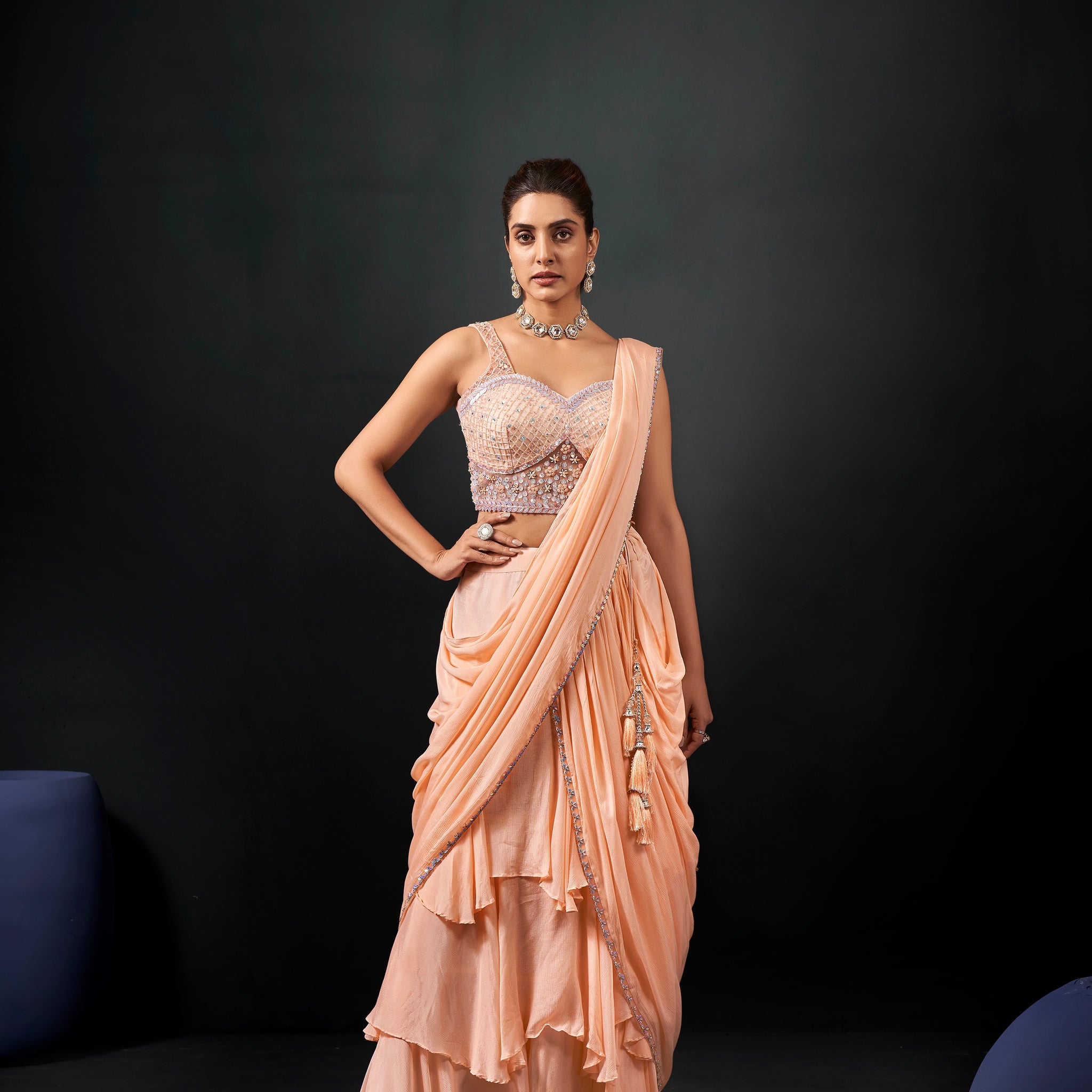 Peach Ready-to-Wear Georgette Chiffon Saree & Hand Embroidered Blouse