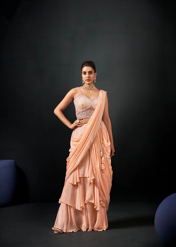 Peach Ready-to-Wear Georgette Chiffon Saree & Hand Embroidered Blouse