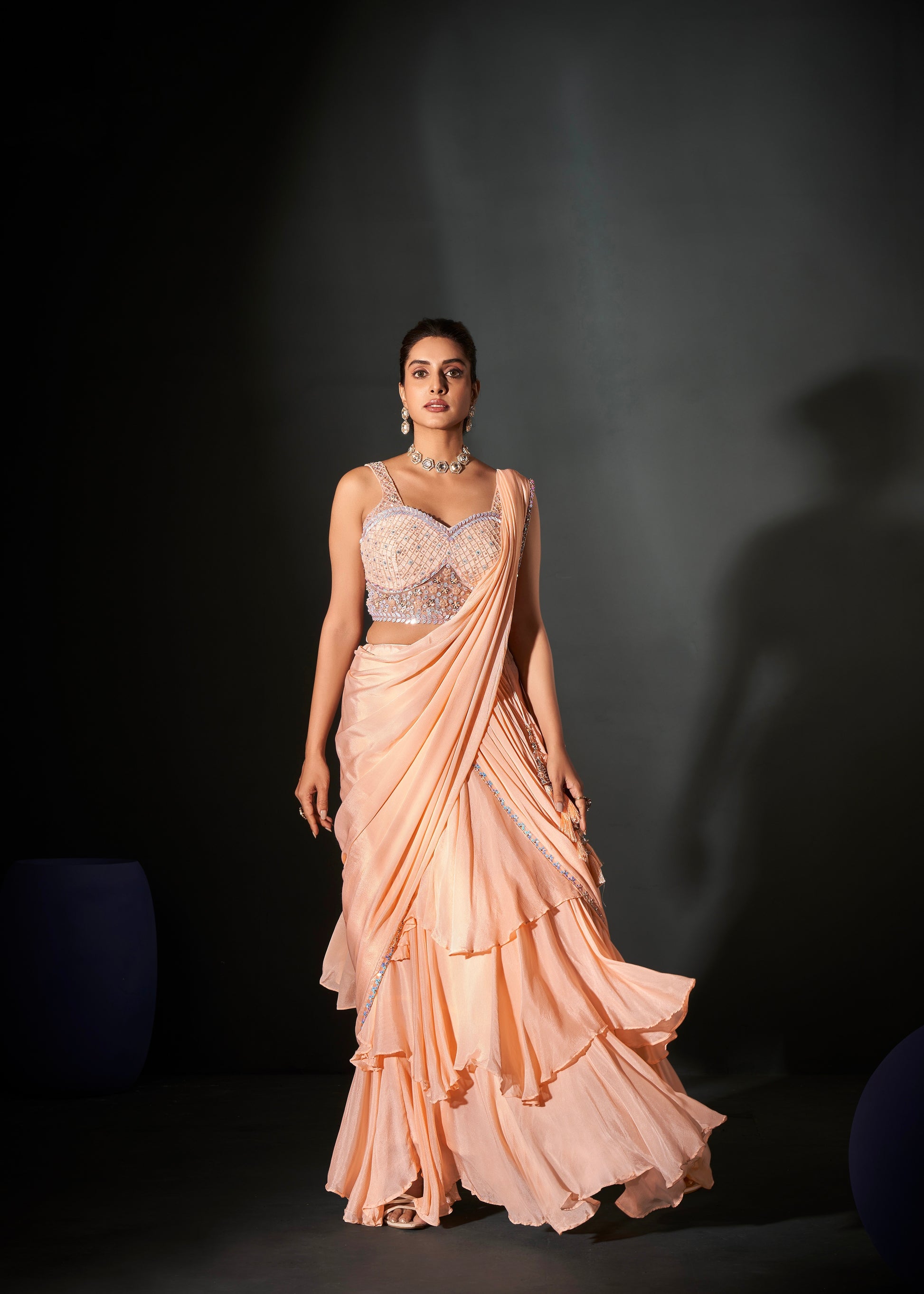 Peach Ready-to-Wear Georgette Chiffon Saree & Hand Embroidered Blouse