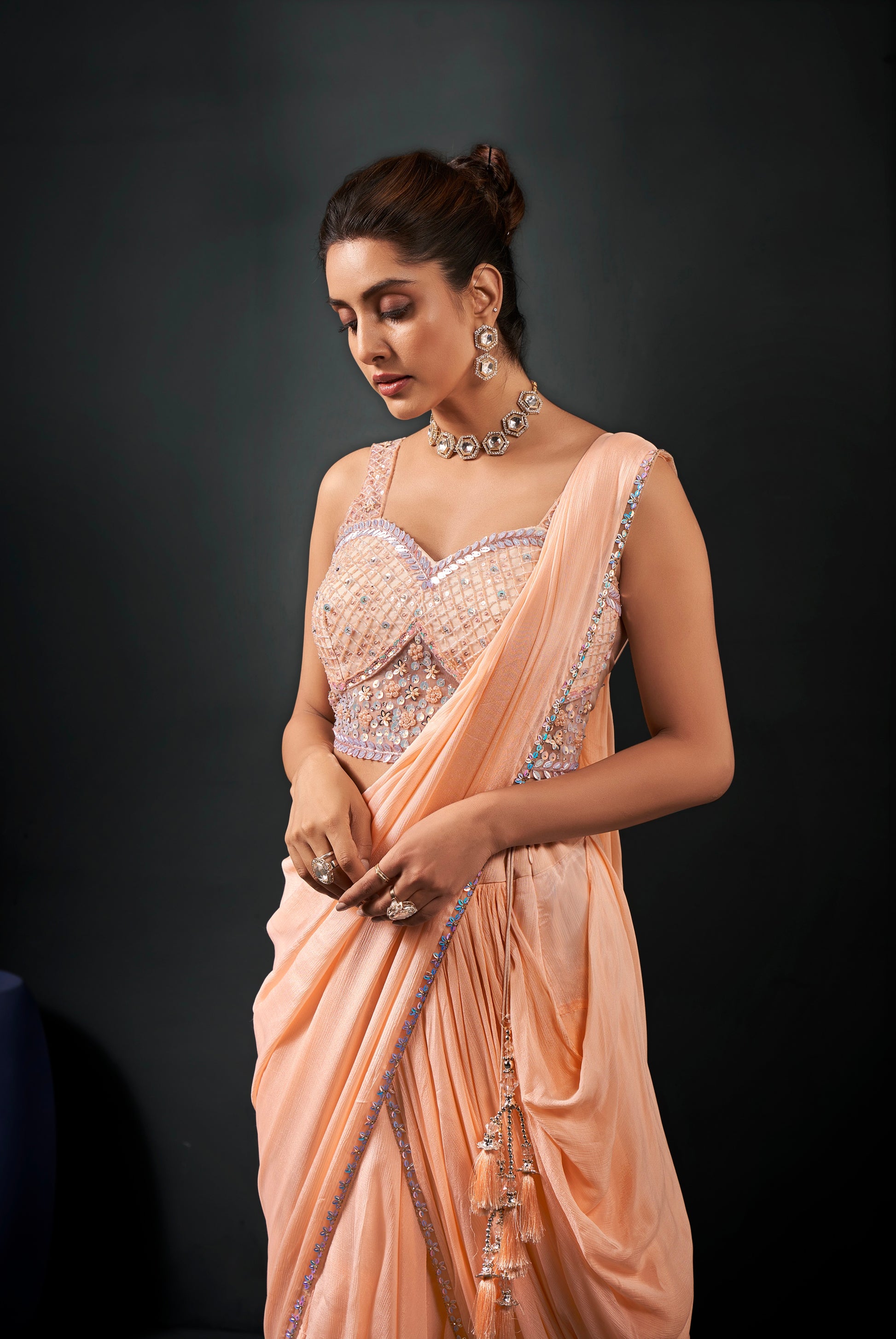 Peach Ready-to-Wear Georgette Chiffon Saree & Hand Embroidered Blouse