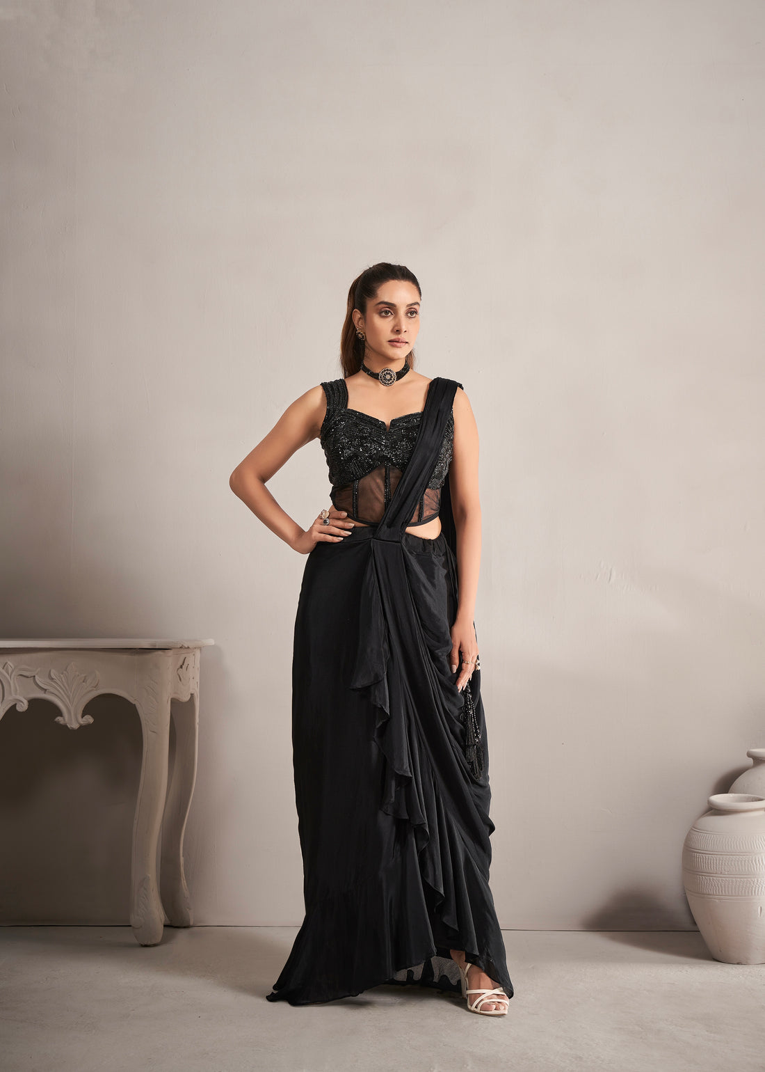 Black Ready-to-Wear Chinnon Saree with Hand Embroidered Blouse