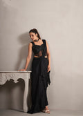 Black Ready-to-Wear Chinnon Saree with Hand Embroidered Blouse