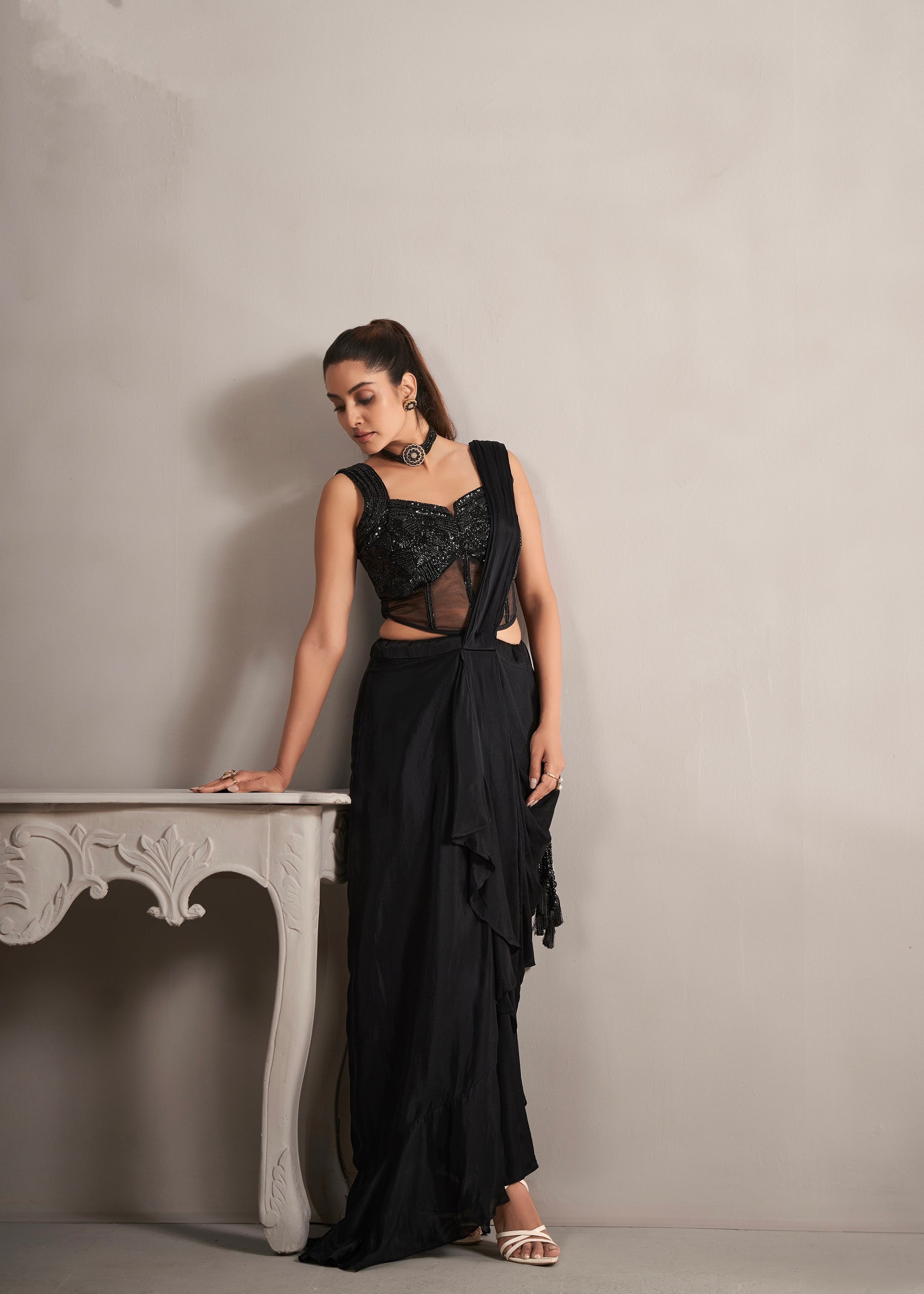 Black Ready-to-Wear Chinnon Saree with Hand Embroidered Blouse