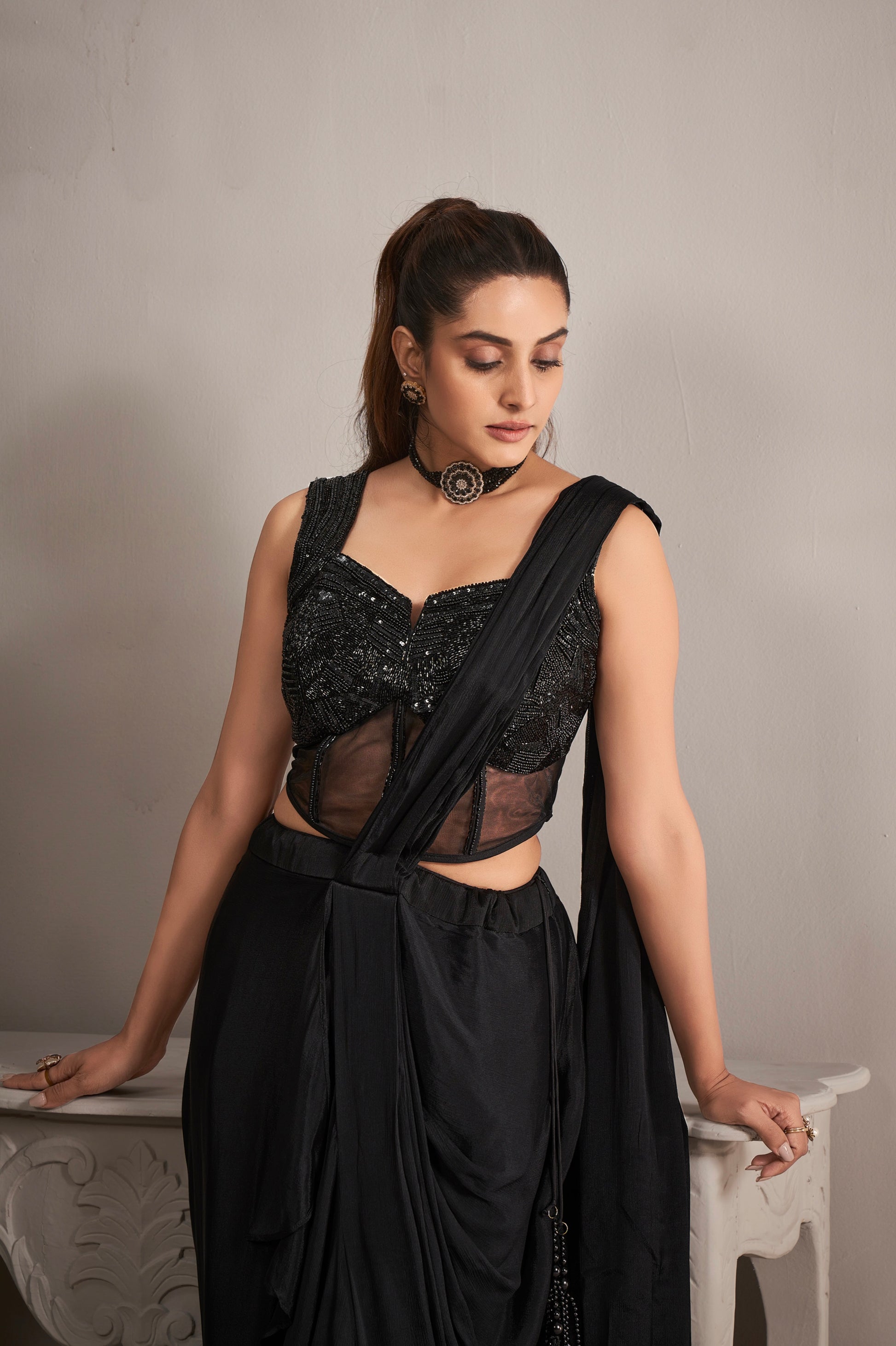 Black Ready-to-Wear Chinnon Saree with Hand Embroidered Blouse