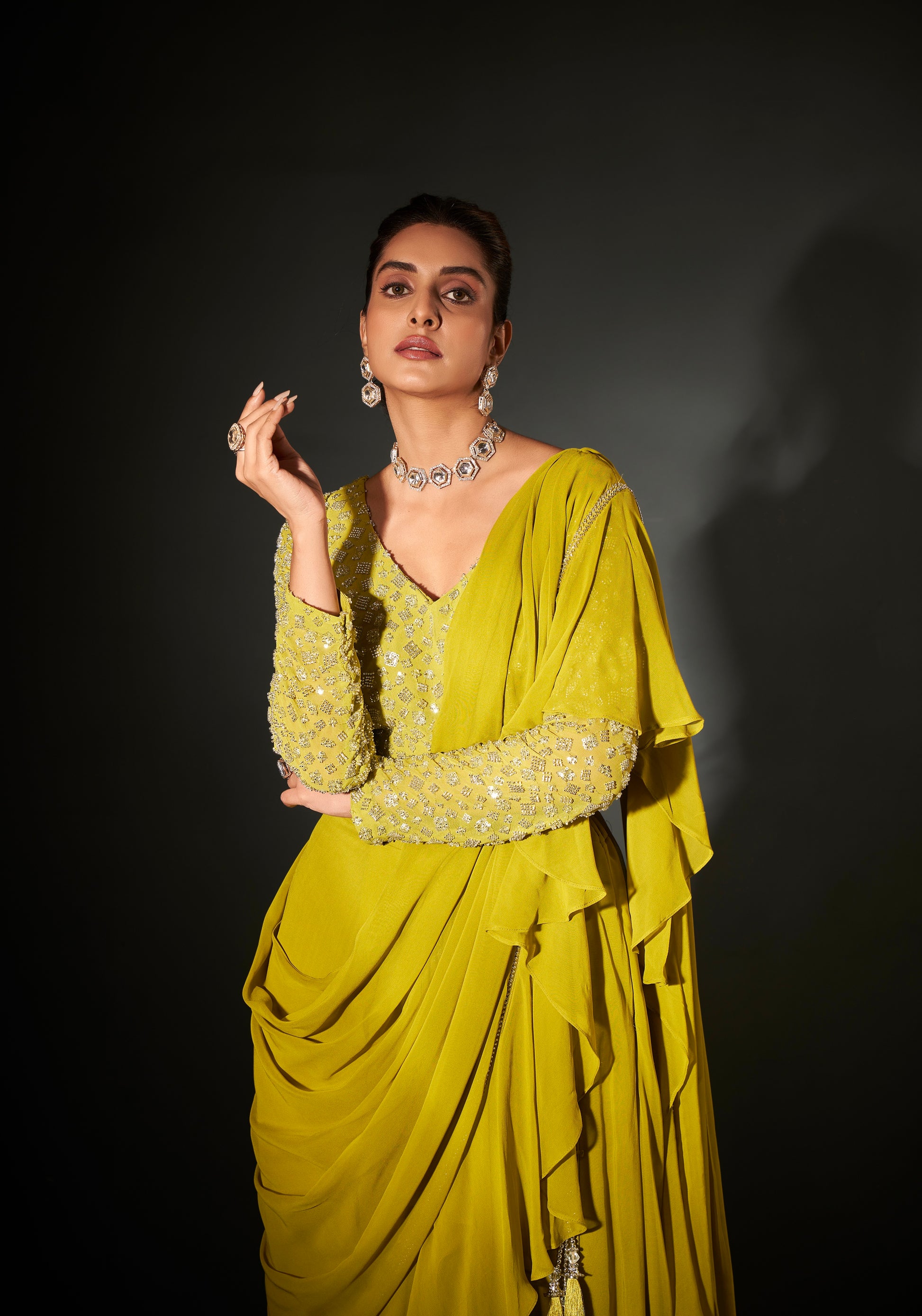 Lime Green Ready to Wear Georgette Saree with Handwork Blouse