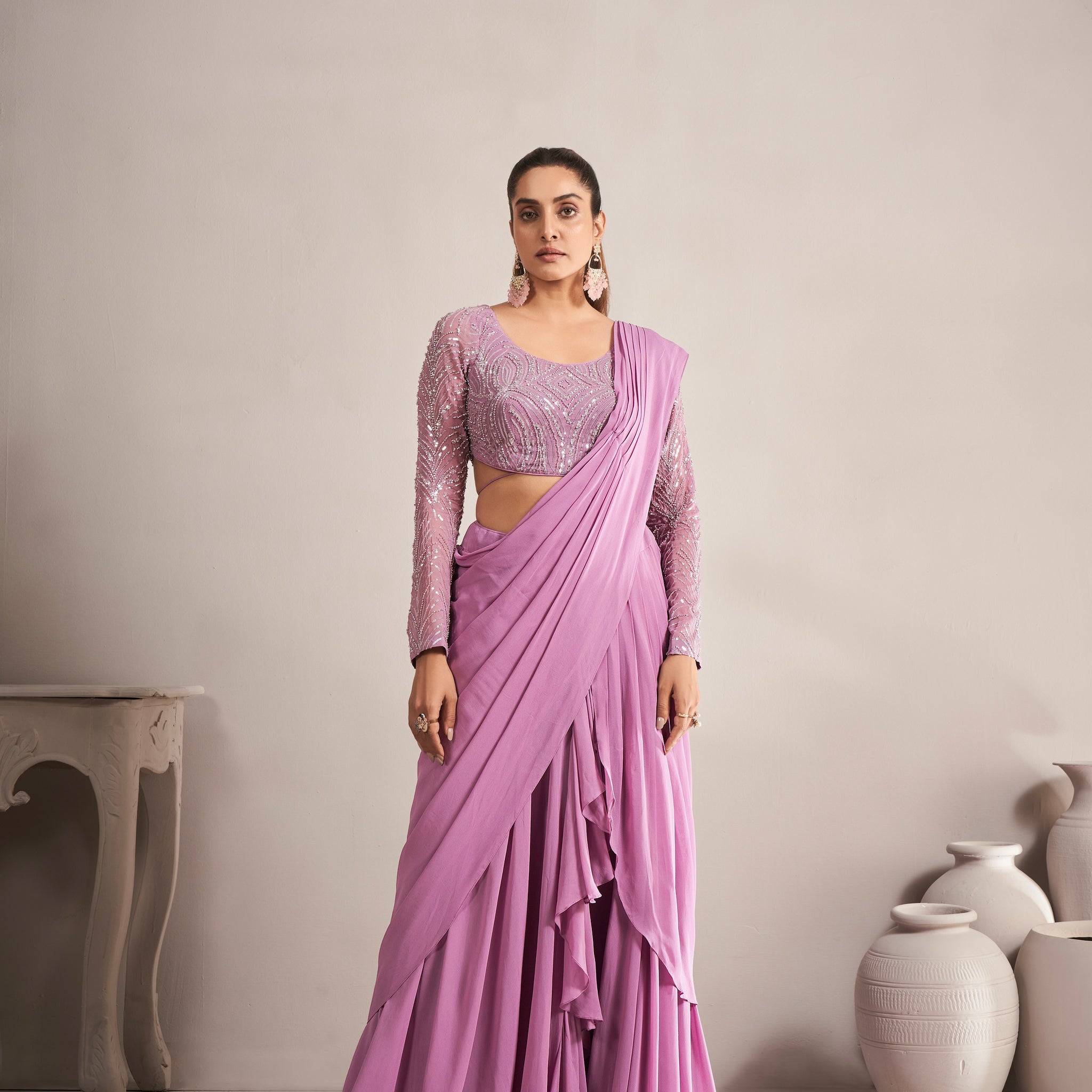 Onion Pink Ready to Wear Georgette Saree with Beads and Sequence Work