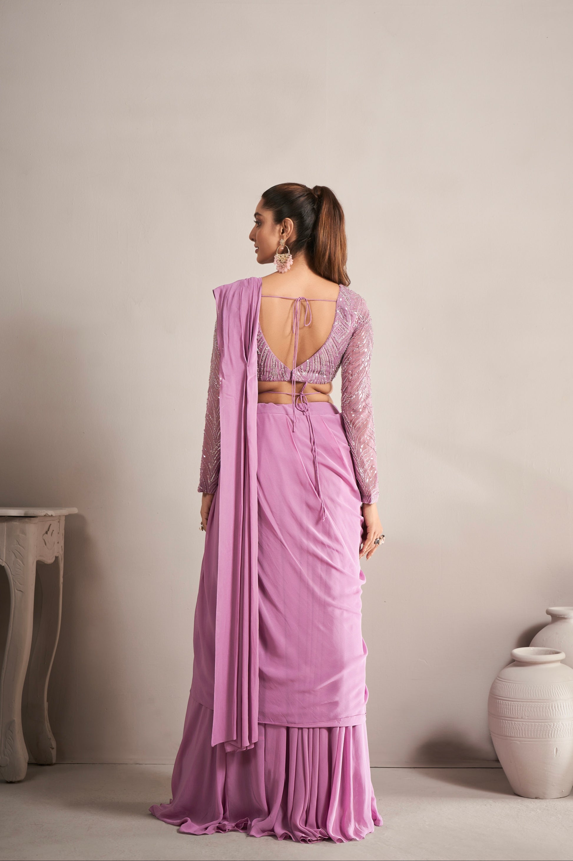 Onion Pink Ready to Wear Georgette Saree with Beads and Sequence Work