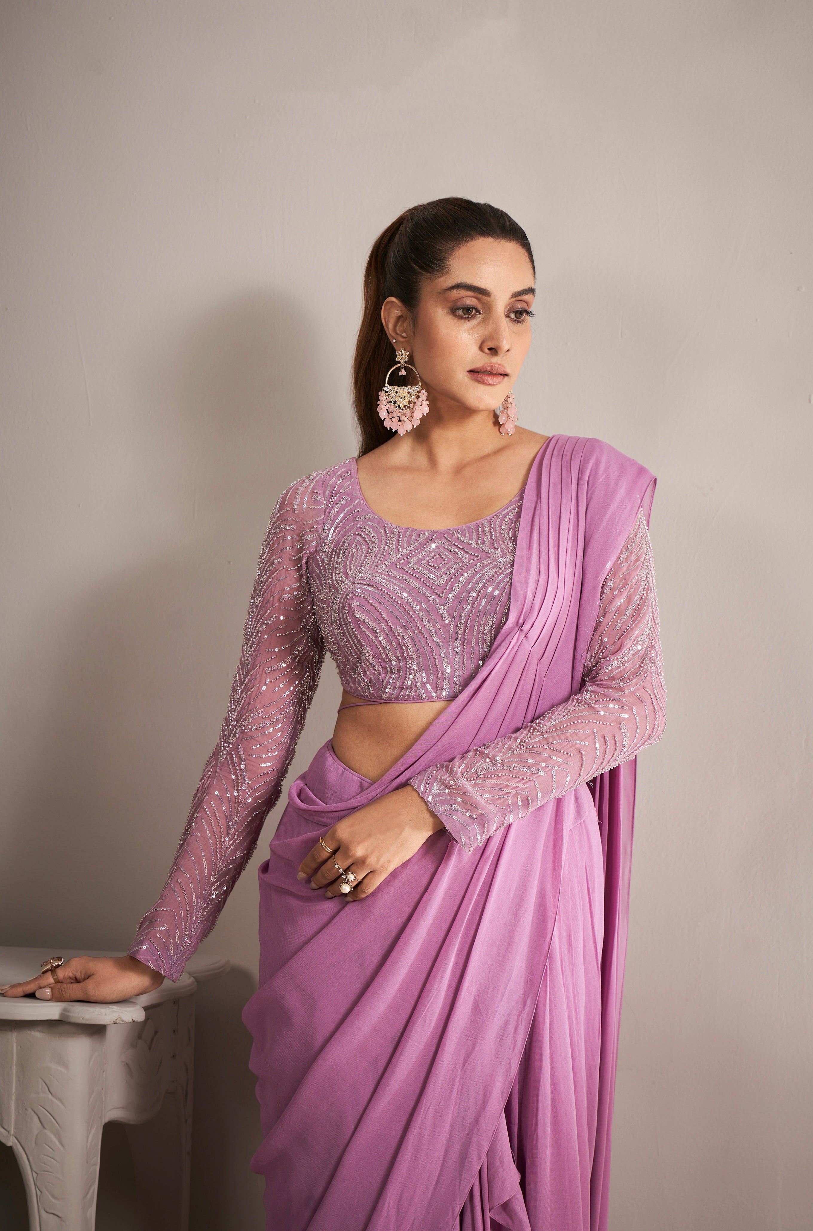 Pure Masline Sequence Work newest Saree With Blouse Piece Pink Color Pure Sequence Work On Masline Saree