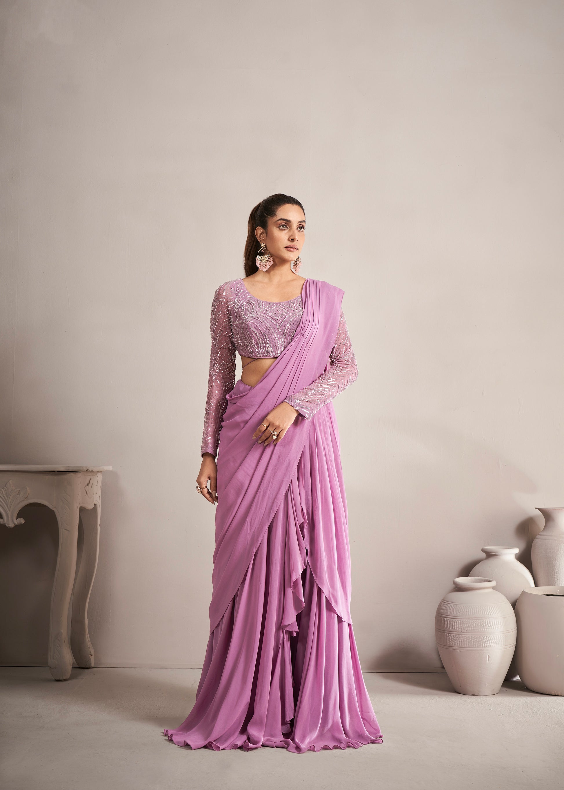 Onion Pink Ready to Wear Georgette Saree with Beads and Sequence Work