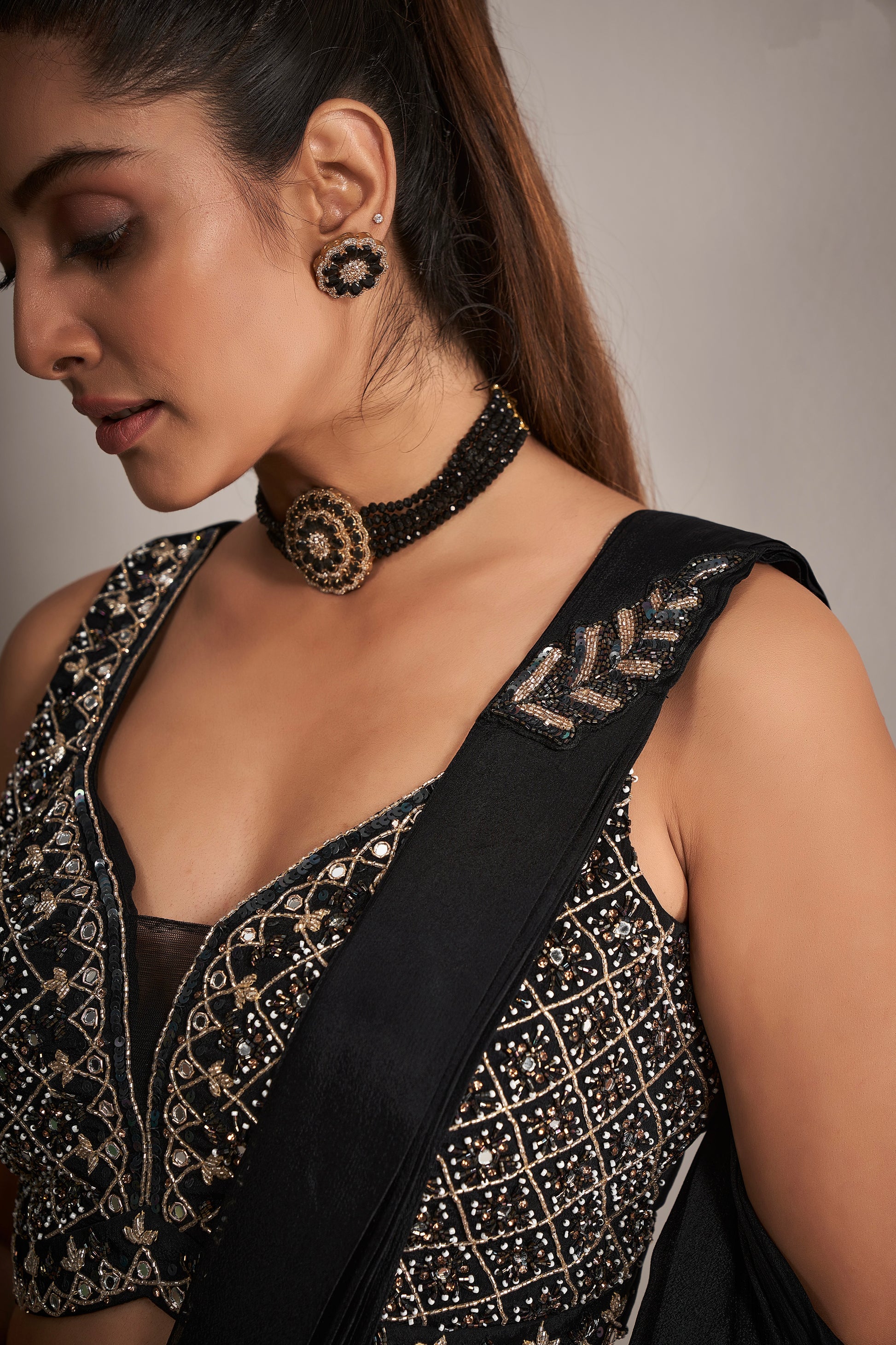 Black Ready to Wear Georgette Saree with Mirror and Beads Work