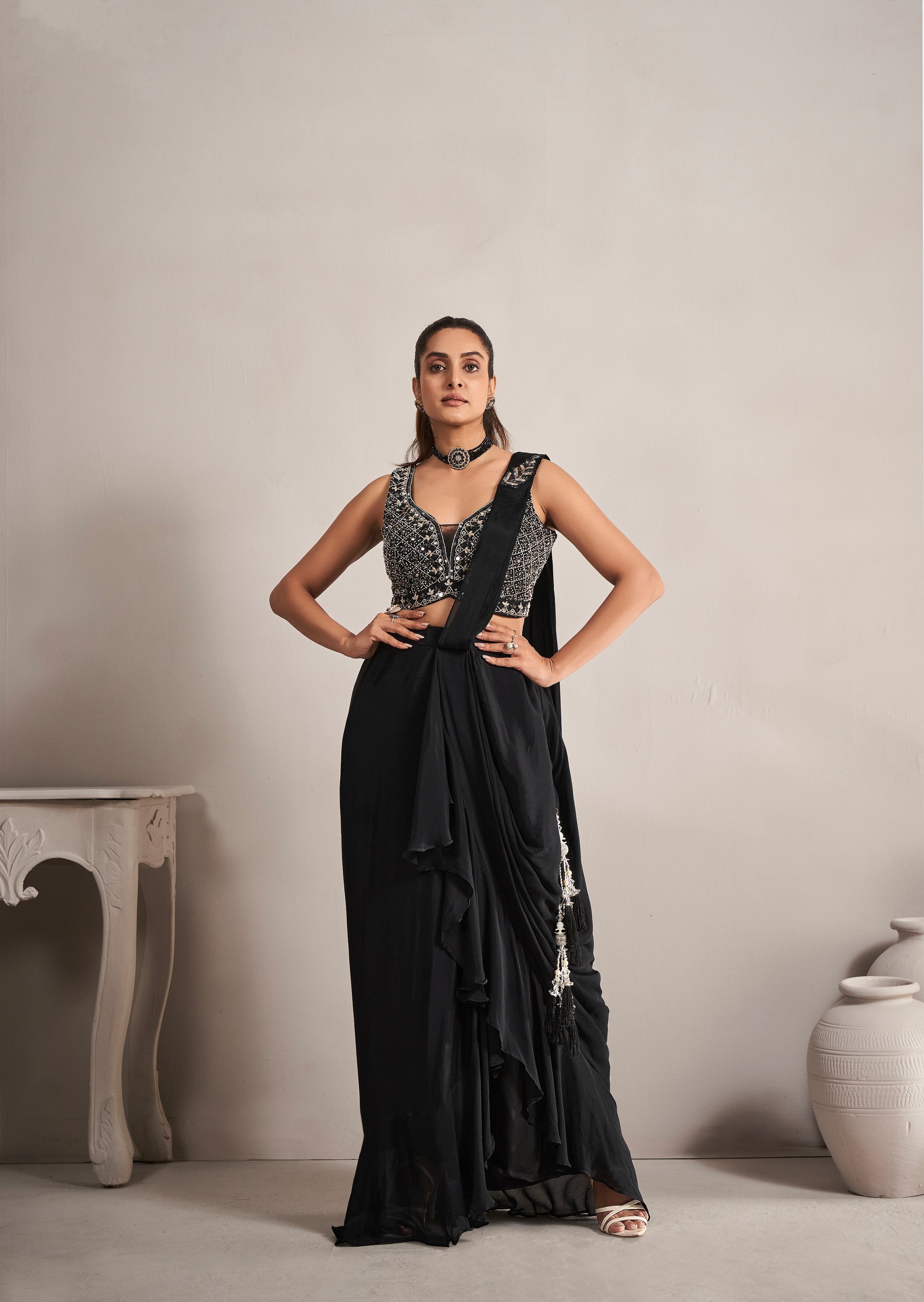 Black Ready to Wear Georgette Saree with Mirror and Beads Work