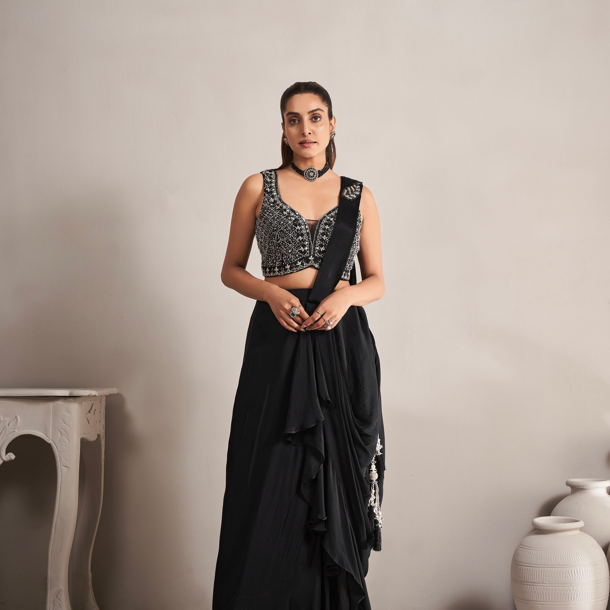 Black Ready to Wear Georgette Saree with Mirror and Beads Work