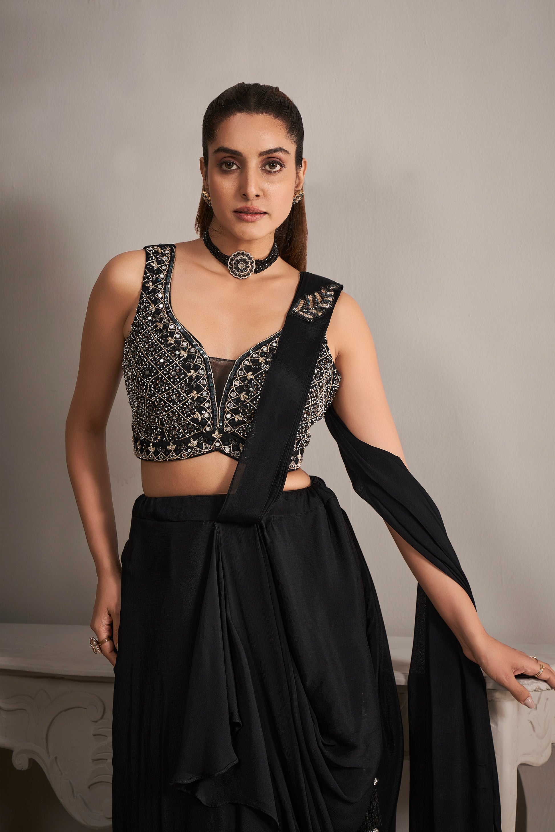 Black Ready to Wear Georgette Saree with Mirror and Beads Work